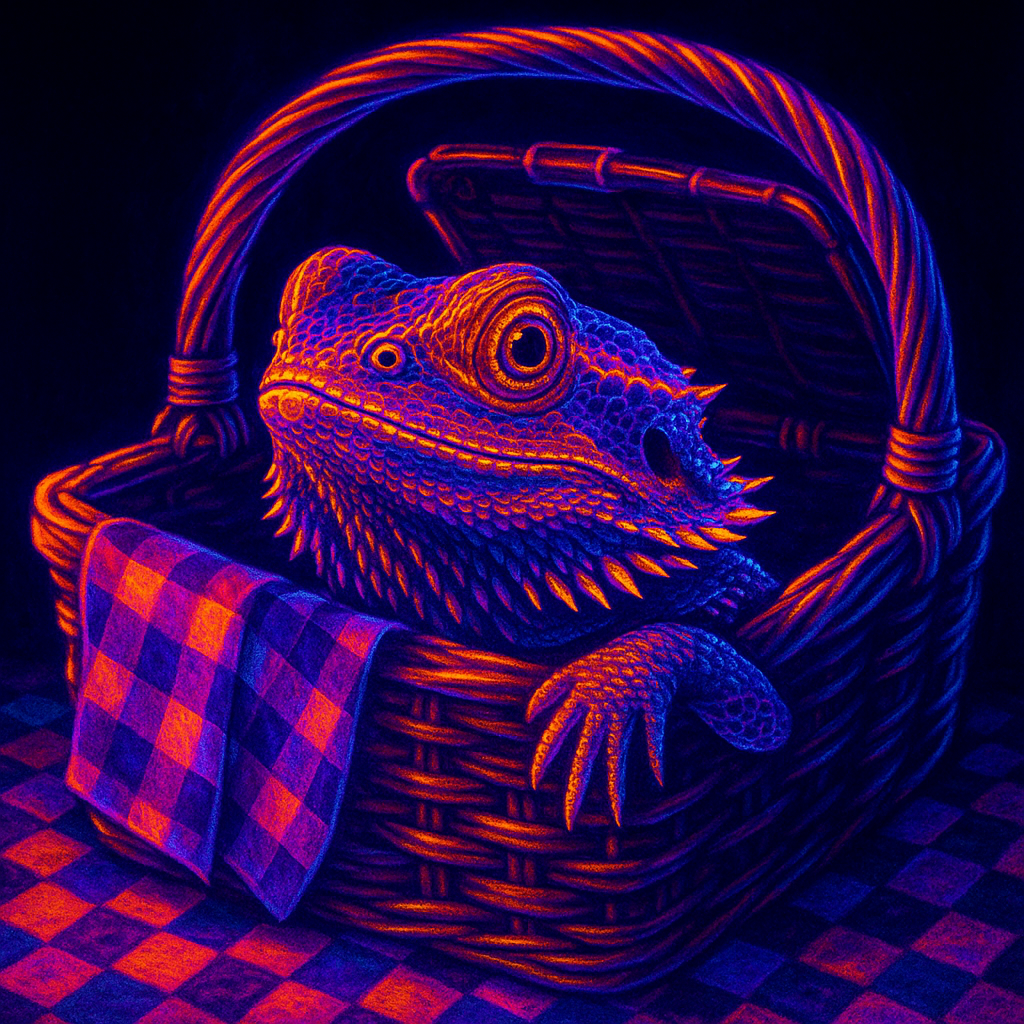 🧺✨ Neon picnics never looked so cool! This bearded dragon is glowing under blacklight, ready to crash your snack time. Who brought the UV grapes? 🦎💜 #GlowingReptiles