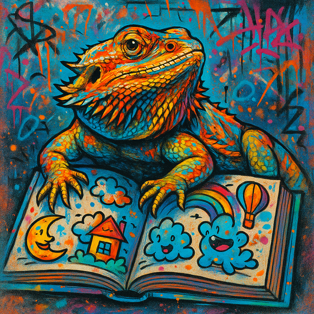 🦎✨ Graffiti chill vibes! Our bearded dragon is living its storybook fantasy, posted up on whimsical pages—street style meets fairy tale! 📚🎨