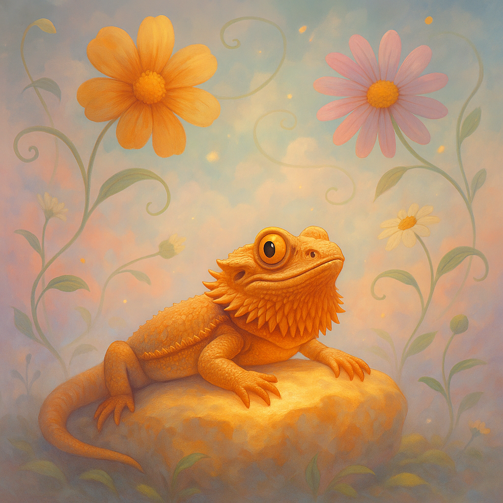 ☁️🦎 Dreaming in style! This bearded dragon lounges on a sun-warmed stone as flowers float overhead—living its best fantasy life! 🌸✨