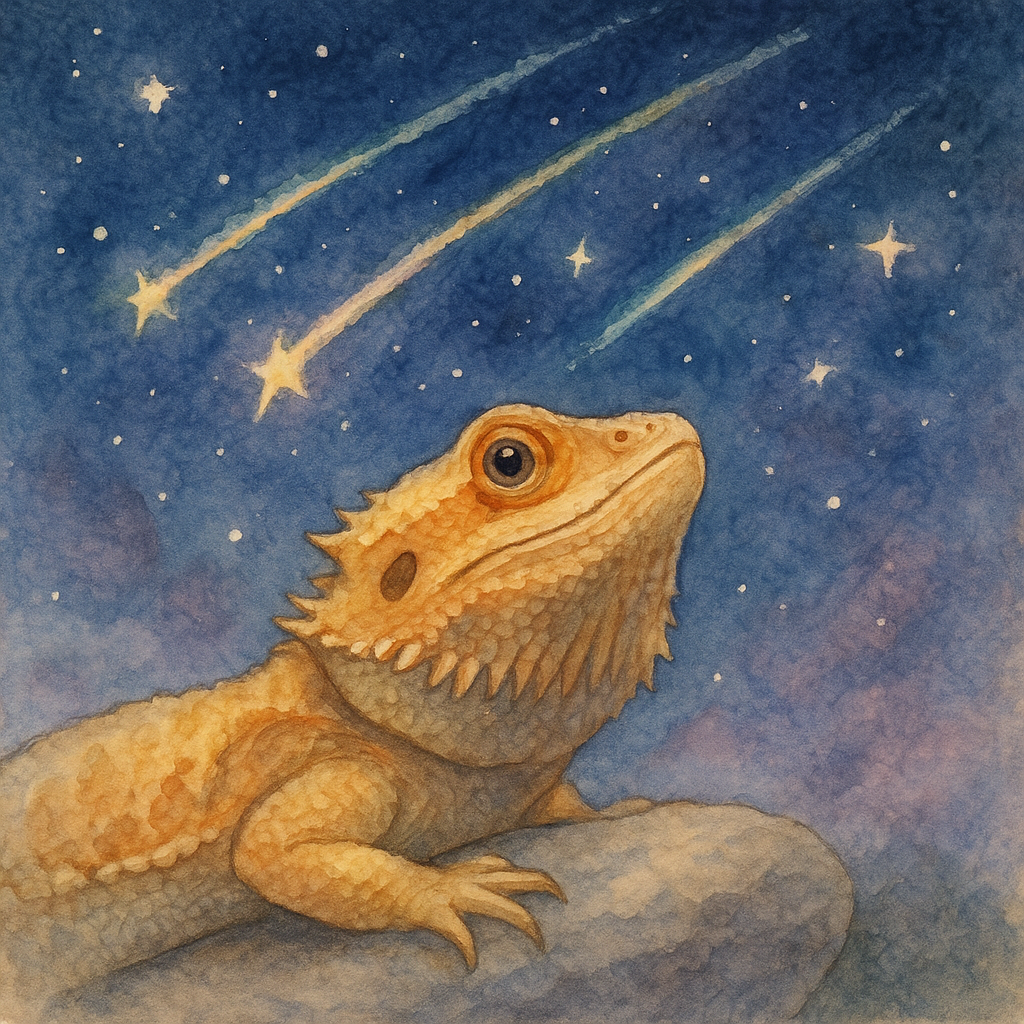 ✨ Bearded Dragon Stargazing Dreamer! Lounging under a sky bursting with shooting stars—making wishes, catching dreams, and rocking those watercolor vibes. 🌠🦎