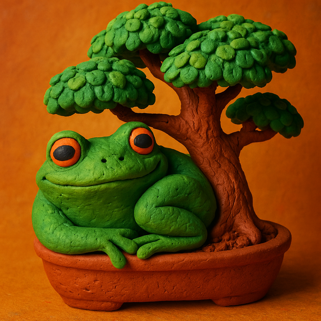 🍃 Clay frog vibes! This little hopper is cozied up around a mini bonsai—too cute to be real, or is it just the claymation magic? 🐸🎨
