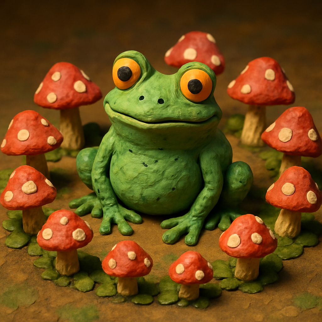 🍄✨ Claymation frog party in a magical mushroom fairy ring! Who knew amphibians had this much enchanted charm? 🐸🔮#FrogFest #MushroomMagic