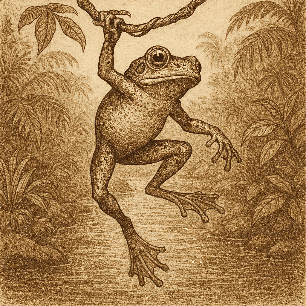 🧑‍🔬🐸 Flashback to science class! This curious frog is swinging into adventure—sepia style—right above a sparkling jungle stream. Classic vibes, wild moves! 🌿✨