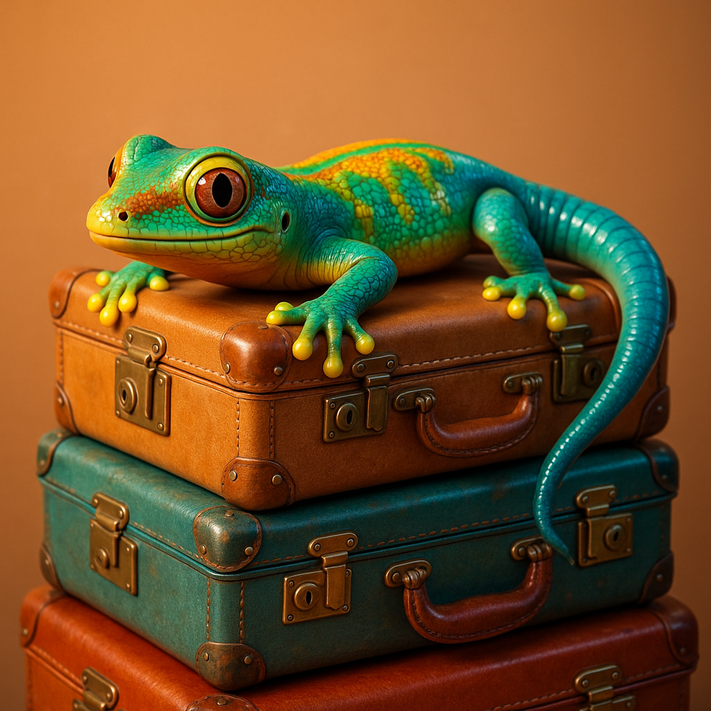 🧳🦎 Globe-trottin' gecko! Ready for a retro adventure, perched right on top of classic suitcases. Reptile road trip, anyone? ✈️🌍