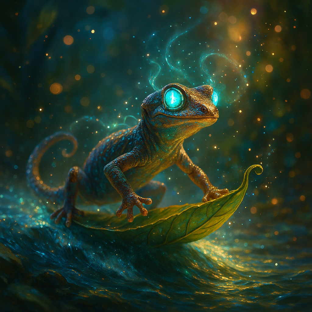 🦎✨ Surf’s up, magic style! This enchanted gecko is catching a wave on a tiny leaf boat, glowing eyes and all—living that spellbound surfer life! 🌊🍃 #MagicalReptiles