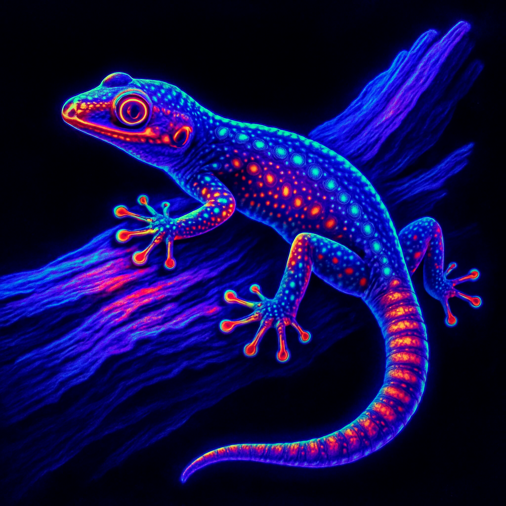 🦎 Neon gecko vibes! This little lizard is glowing bright, chilling on driftwood like a reptile rockstar under blacklight. Who else wants UV mode for their pets? 💚🌟