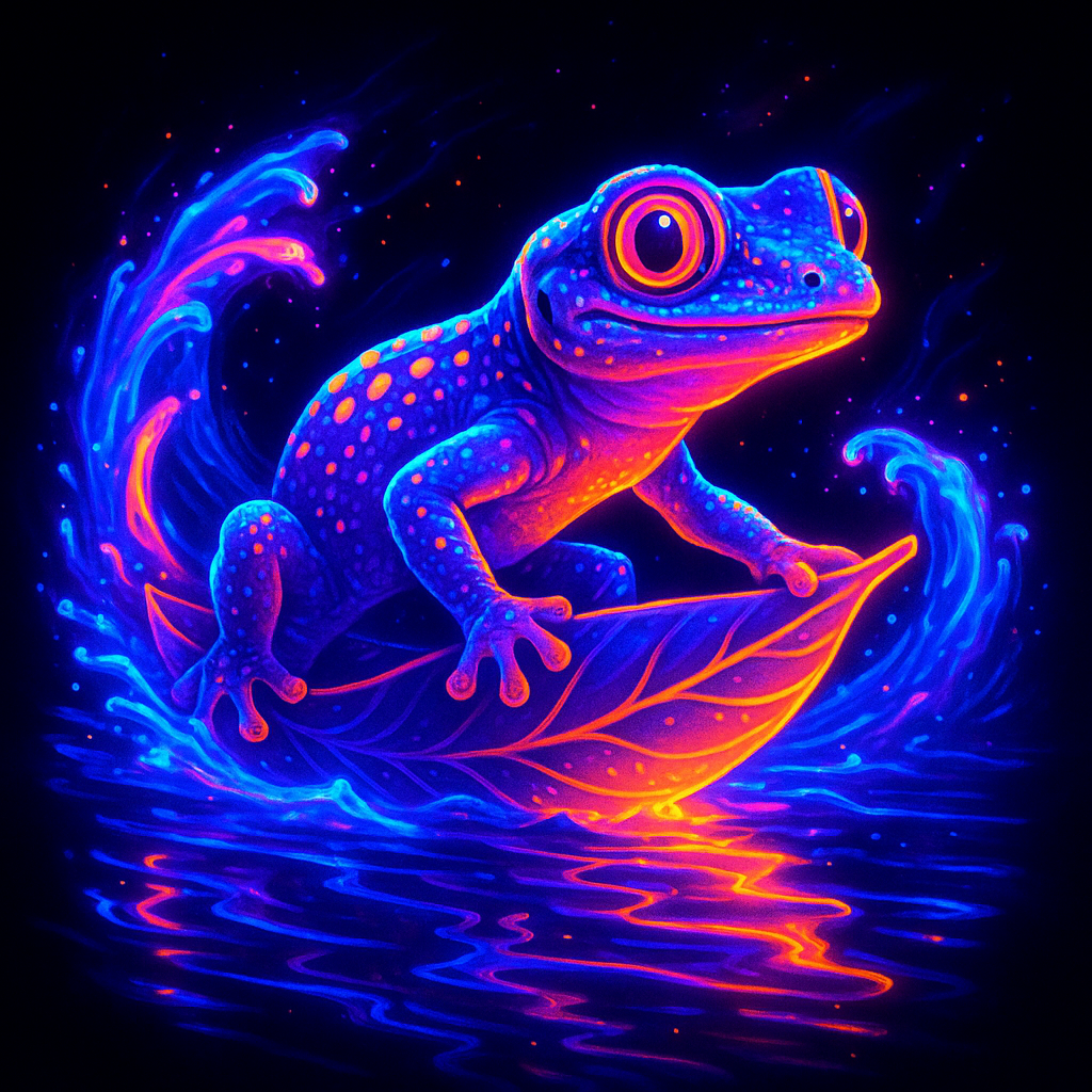🦎✨ Glow gecko catching leaf waves! Surf’s up in neon style—only the coolest herps ride under blacklight! 🌊🍃