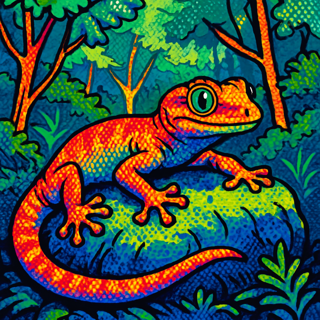 🦎💥 Spotted! This pop art gecko is soaking up the shade on a mossy rock—turning comic-book charm into real-life reptile cool. #GeckoGlow #PopArtPets