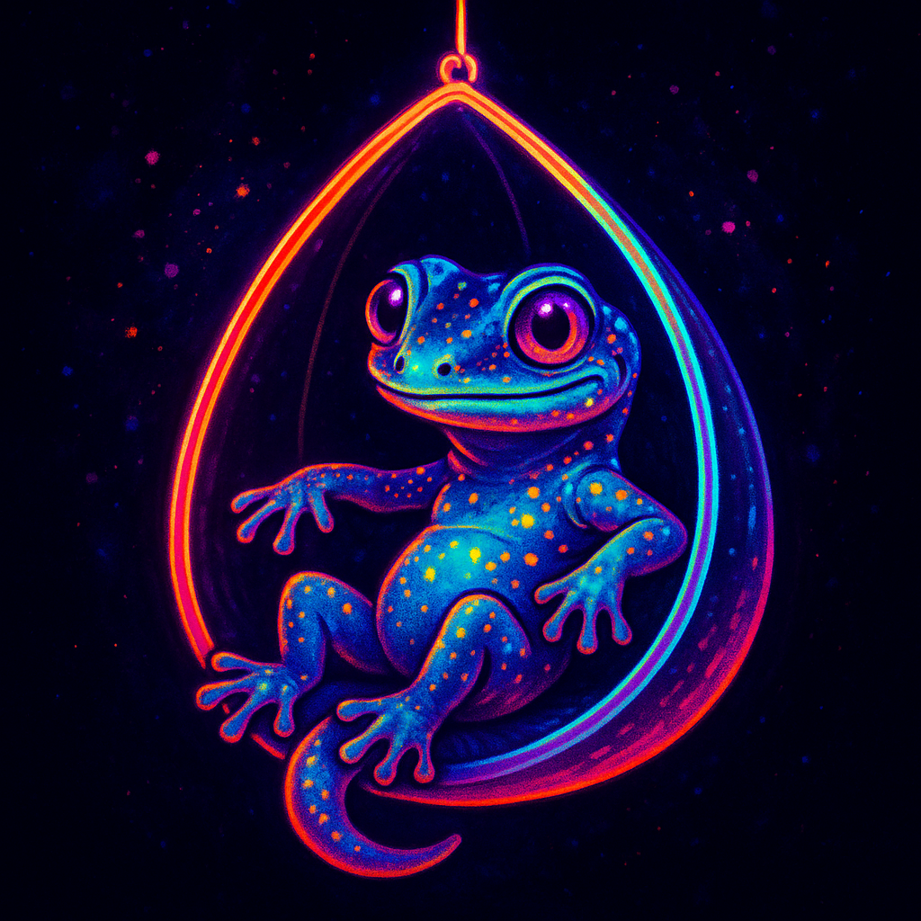 🦎✨ Nightlife vibes! This glowing gecko is chillin’ hard in its neon hanging chair. Would you swing with this radiant reptile under the blacklight? 💡🪑 #GlowLife