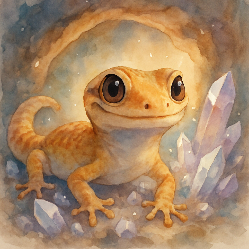 🦎✨ Crystal Caverns just got cuter! Our watercolor gecko is living its best life nestled among shimmering crystals. Can you spot this gem-lover? 💎🌈 #ReptileArt
