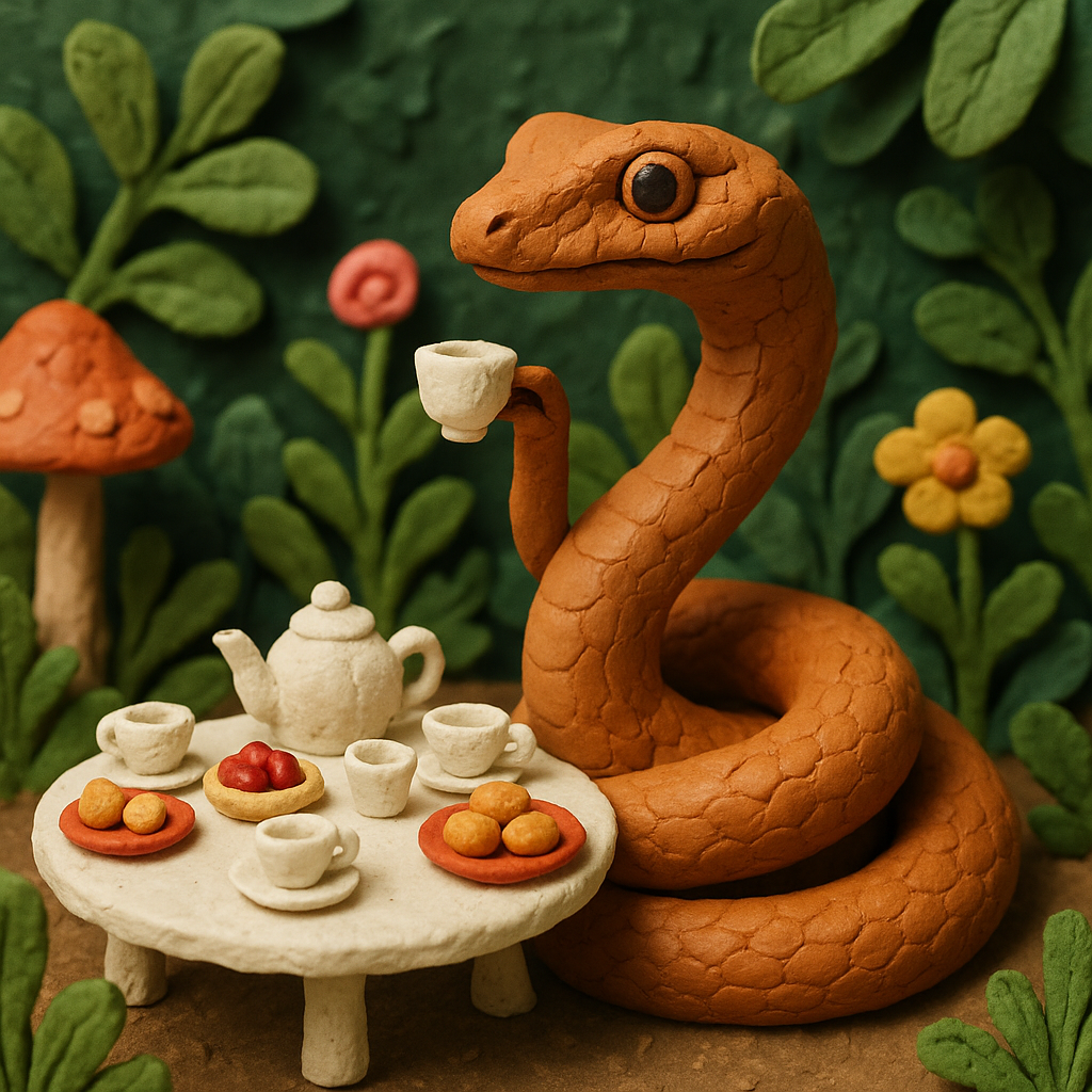🫖 Sssstylish serpent at the poshest garden party! Tea time just got a lot more slithery. ☕🌿🪴 #ReptileRendezvous #ClaymationCharm