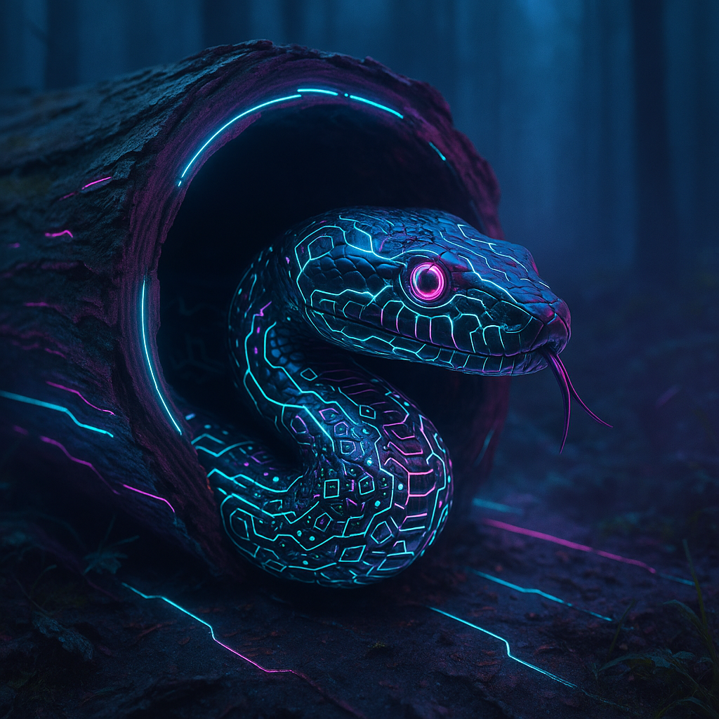 🔌 Neon serpent alert! This cyber-snake peeks from its log hideout, ready to hack the forest matrix. Who else wants a glowing guardian of the undergrowth? 🐍💾🌲