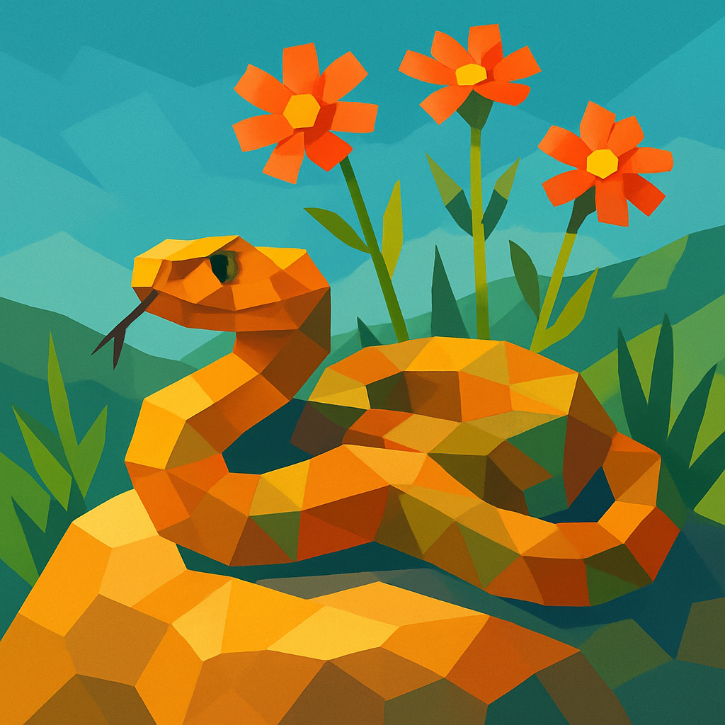 🪨🐍 Sunlit scales and geometric grace! This low-poly snake is living its best life basking on a warm rock surrounded by wildflowers. Nature’s original sunbather! 🌼✨