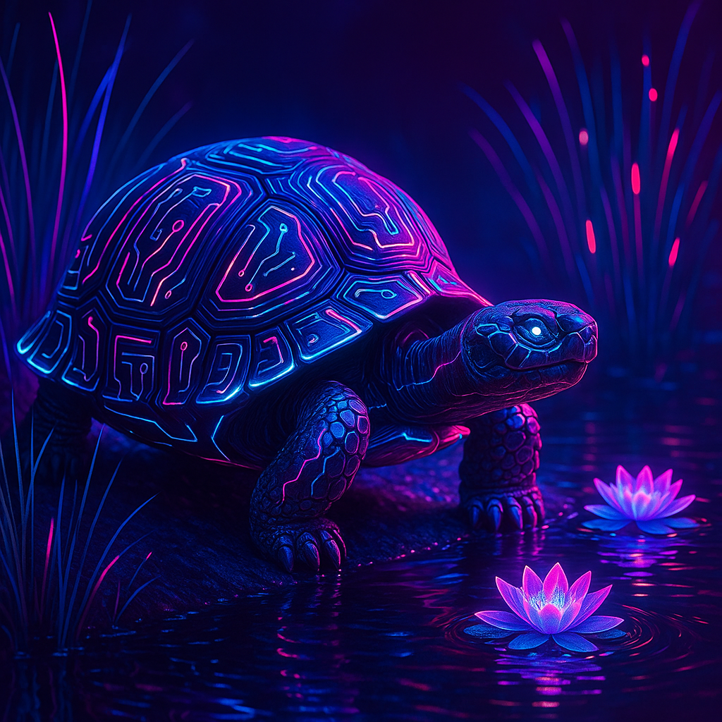 💡 Neon shell at the water’s edge! This cyberpunk tortoise is ready for a midnight circuit stroll—shells have never looked so electrifying. 🐢🌌