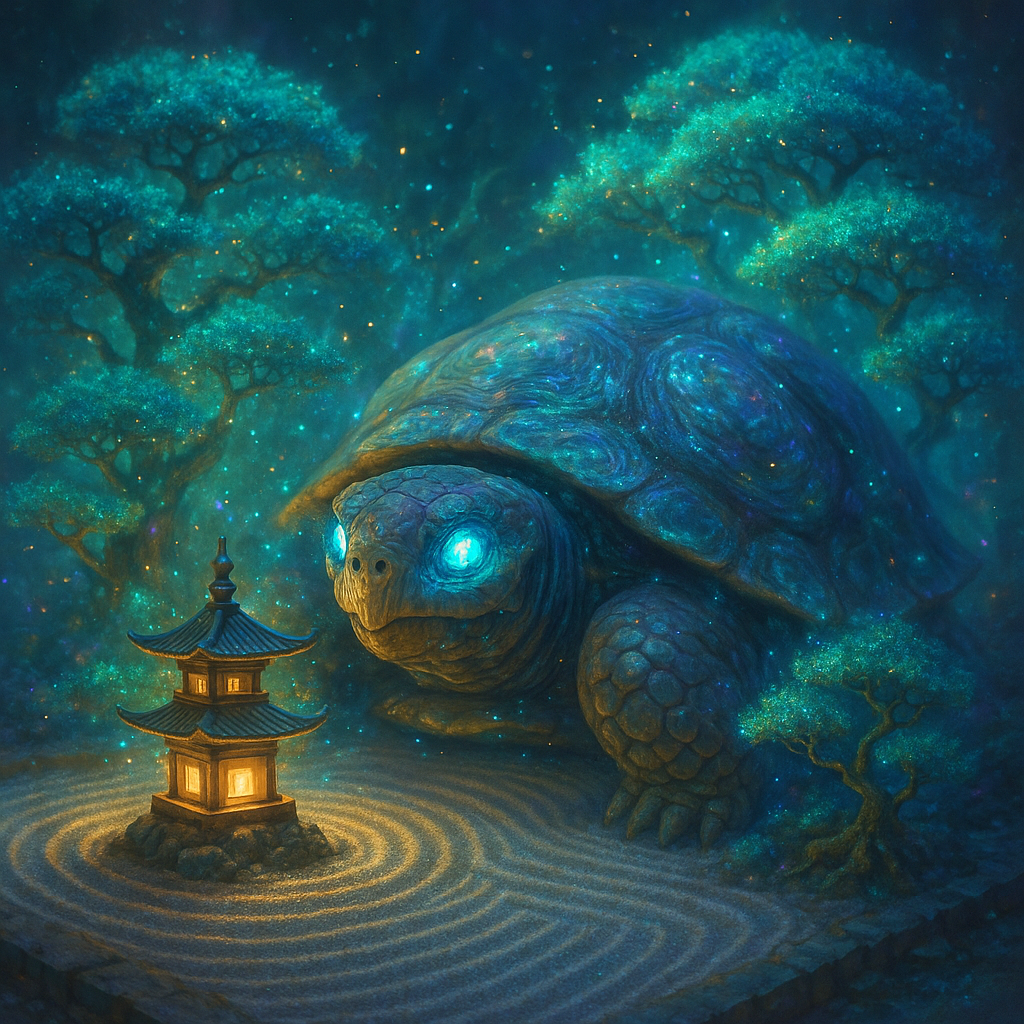 ✨ Enchanted tortoise alert! This mystical buddy is chilling Zen-style beside a tiny pagoda—glowing eyes, magical aura, and bonsai dreams abound. 🐢🌳✨ #TortoiseMagic #ReptileVibes