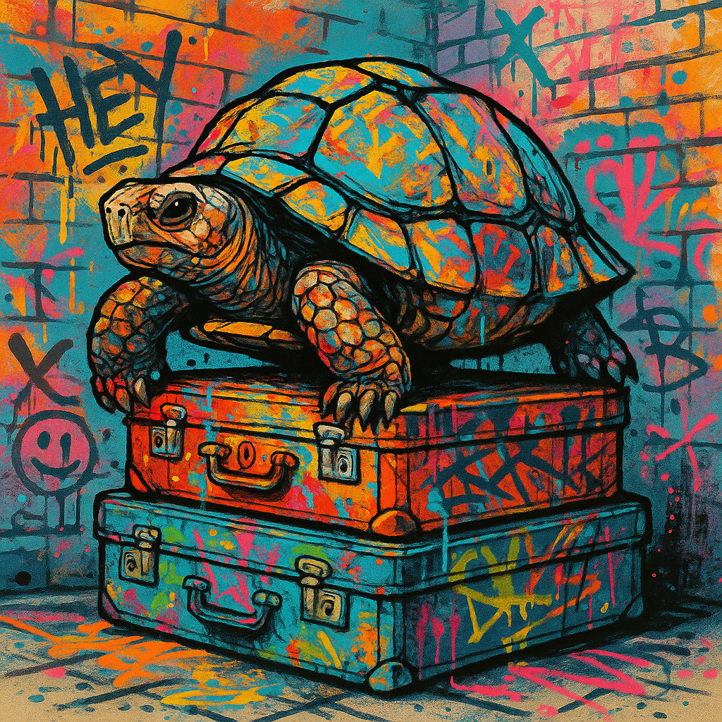 🧳🕶️ Streetwise shell vibes! This tortoise is living the slow life on a stack of vintage suitcases—ready to travel the world, but only at tortoise speed! #TravelGoals #ReptileChillin