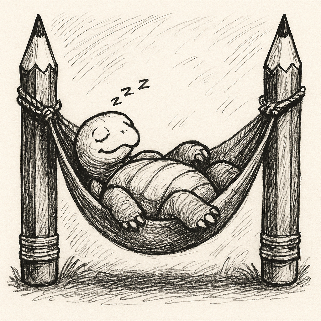 🖊️😴 This tortoise knows how to lounge—hammock naps between pencils, sketchbook dreams included! Slow and steady really wins nap-time! 🐢✨
