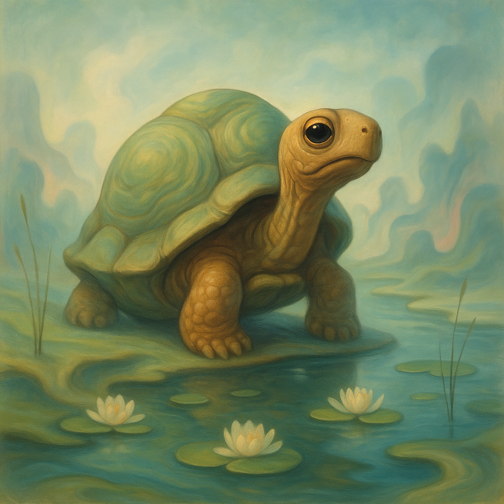 🐢✨ Dreamy tortoise vibes! Chillin’ on the pond’s edge with lilies floating above and reeds swirling around—just another day in surreal paradise! Who else wants to float away with this shelled dreamer? 🌿💭