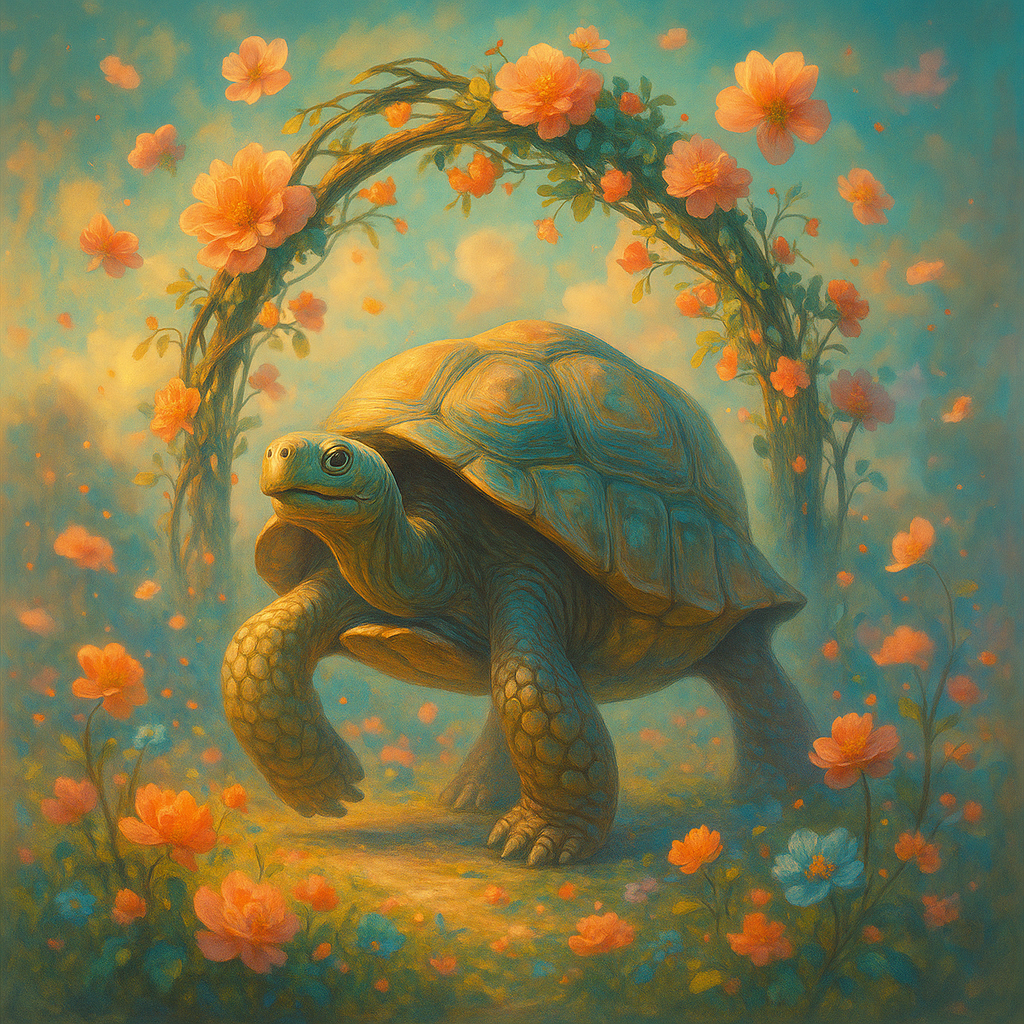 🌸 Dreamy tortoise adventure! Wandering through a floating garden archway—slow and steady in a surreal wonderland. 🐢✨